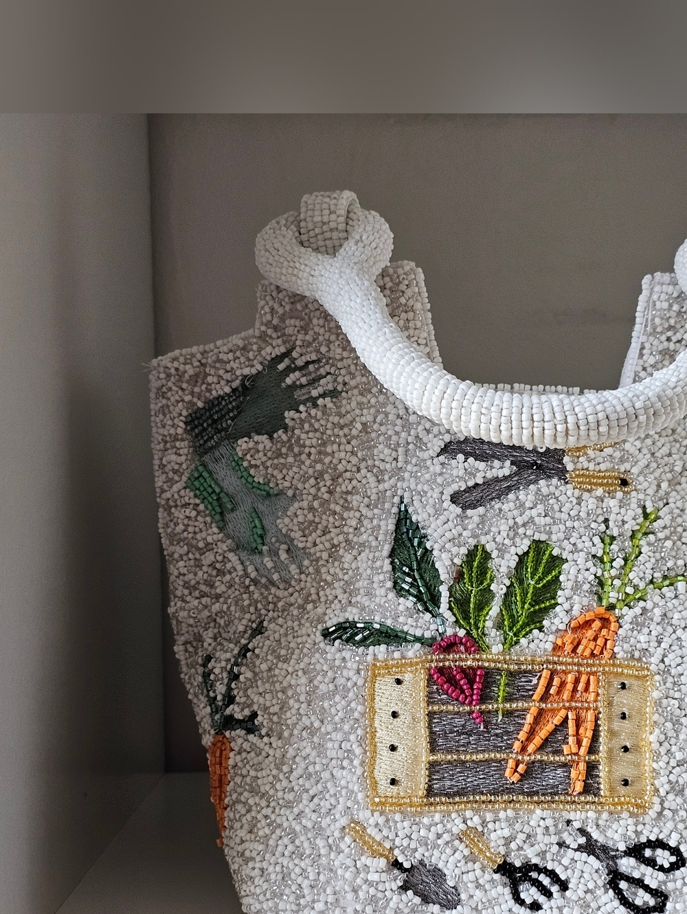 NWT Beaded Gardening Handbag  with Vegetable Embroidery - White